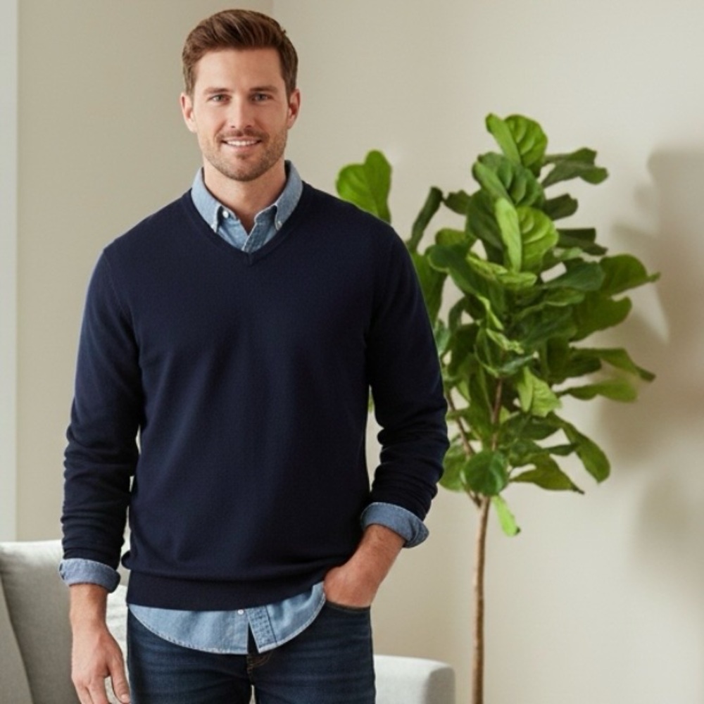 Weatherproof Vintage Men’s Large Navy Blue V-Neck Sweater Cotton Cashmere Knit